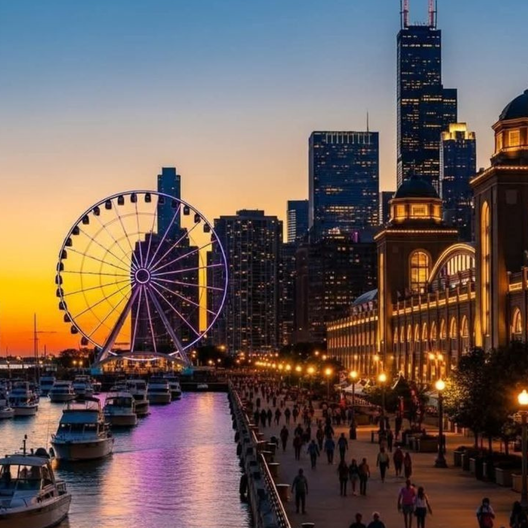 Beautiful modern city skyline with Ferris wheel