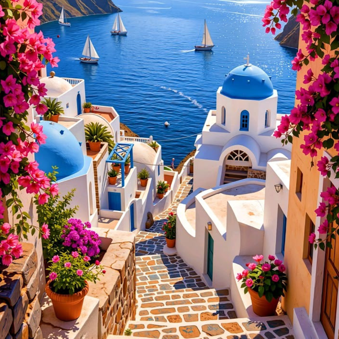 Santorini blue dome church overlooking sea